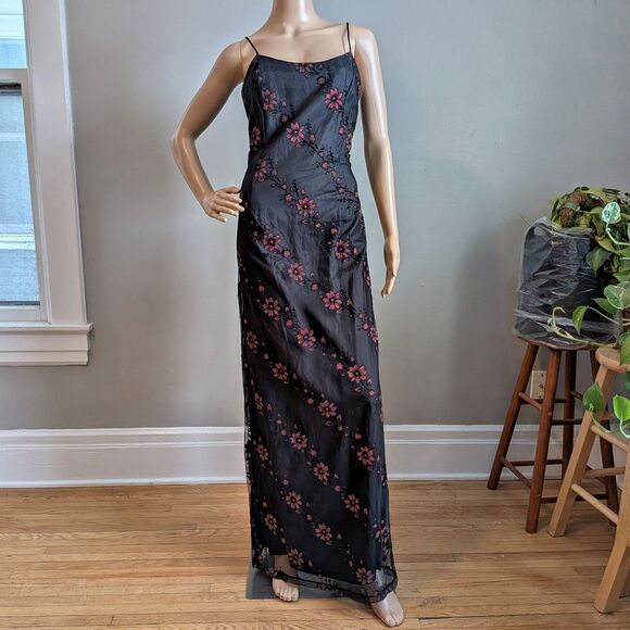Vintage 90s Morgan & Co Black Floral Maxi Dress Prom Gown Glitter Velvet 11/12 - Picture 2 of 11